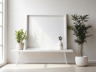 White frame leaning on white shelf in bright interior on empty wall background