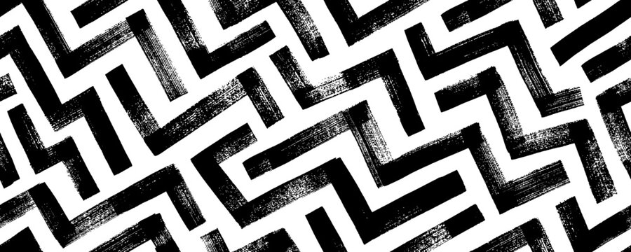 Geometric maze seamless banner design. Abstract geometric labyrinth seamless pattern with zigzag brush strokes.