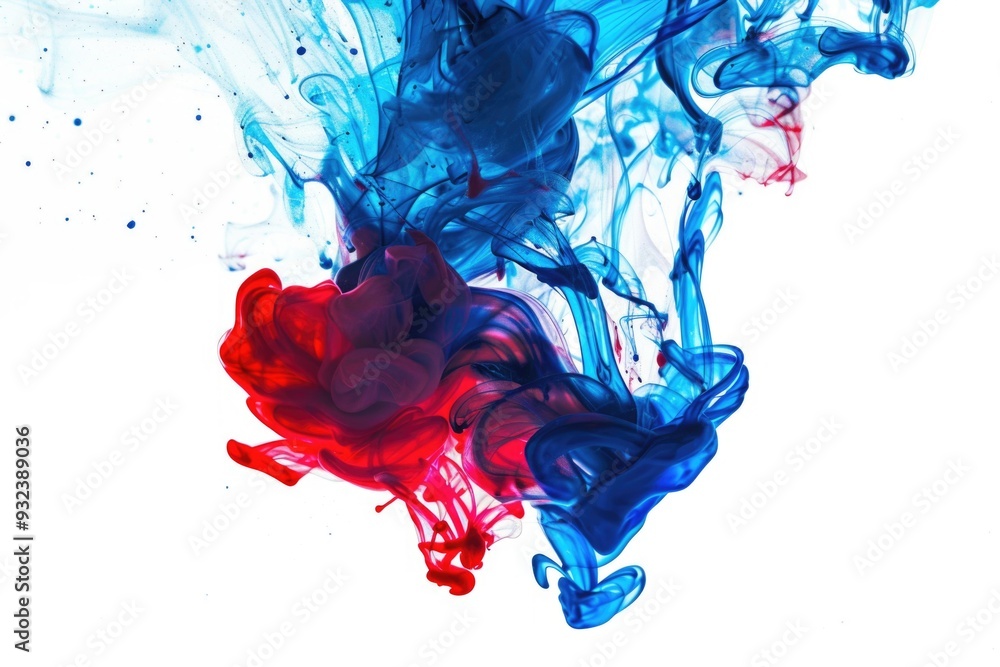 Poster a chemical reaction occurs between two liquids in the air, creating a swirling mixture