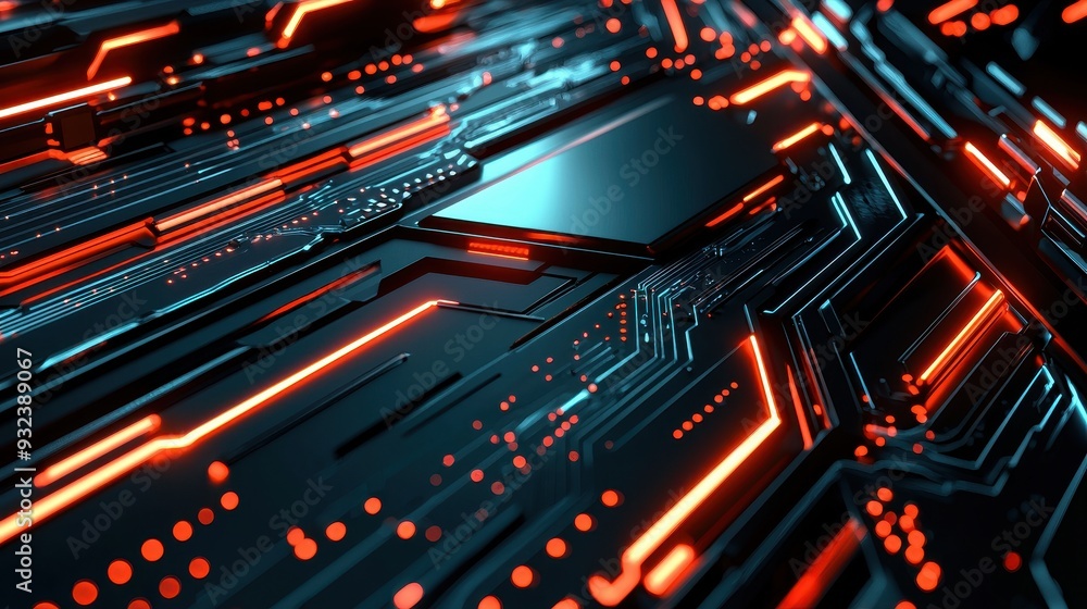 Poster abstract futuristic technology background with red neon lights and circuit board pattern