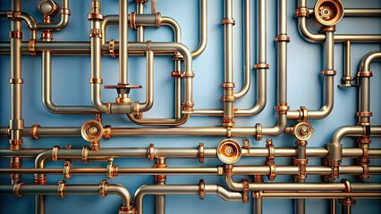 Interconnected copper pipes in a stylized isometric perspective, forming a labyrinthine network with valves, gauges, and joints, against a clean blue-grey background.