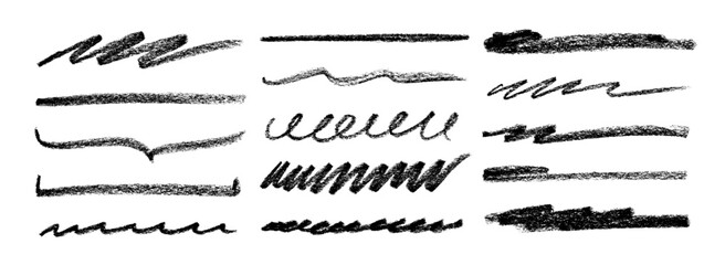 Various crayon drawn lines, underlines and curved strokes. Doodle grungy smears and rough crayon strokes for hand drawn notes and journaling. Straight thin lines, spirals, pencil waves.