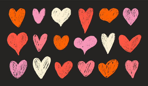 Doodle crayon drawn red and pink hearts collection. Set of colored charcoal hearts, cute love motif elements.