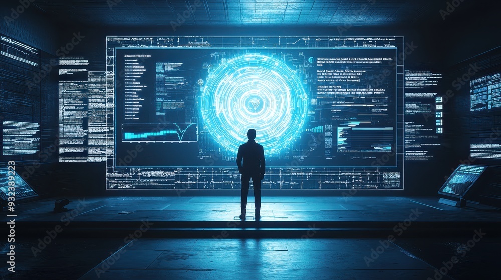 Poster futuristic data center with man looking at digital interface