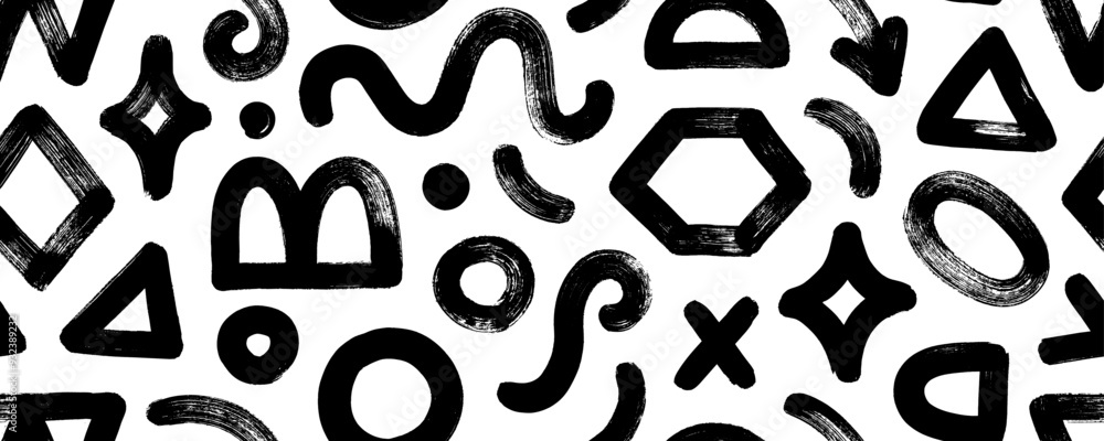 Poster seamless pattern with abstract brutal geometric shapes and brush drawn basic figures. doodle grunge 