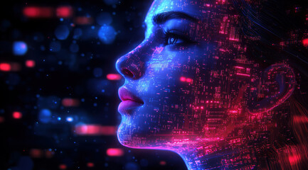Obraz premium AI Artificial intelligence cyber. Futuristic AI abstract design, intricate circuitry pattern. AI Robot face, virtual human, virtual character, digital clone, machine learning. Realistic photo