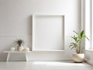 White frame leaning on white shelf in bright interior on empty wall background