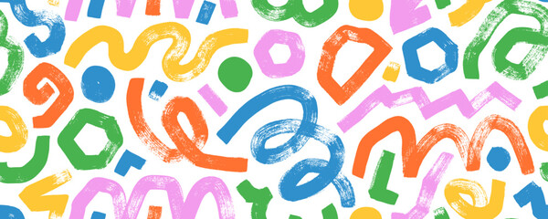 Colorful seamless banner design with curved bold lines, squiggles and swirls. Hand drawn doodle curly brush strokes.