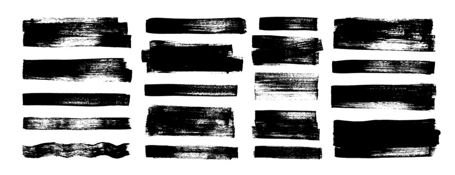 Collection of vector paint bold brush strokes, hand drawn thick grunge lines and rectangle shapes. Sketchy bold horizontal lines. Black ink brush strokes and banners. Grunge marker highlight underline