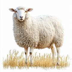 Fototapeta premium Sheep grazing in a pasture isolated on white background capturing rural tranquility