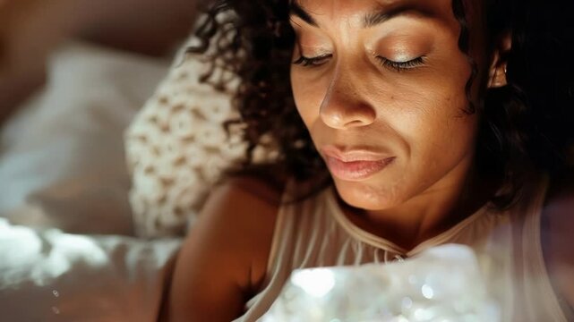 Young woman is lying in bed, holding an ice pack to her chest, her face showing discomfort. She's seeking relief from pain or inflammation
