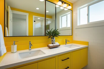 Fototapeta premium Vibrant Yellow Bathroom Design Featuring Dual Sinks and Contemporary Mirror