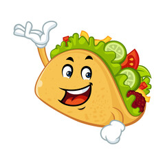 Cartoon taco mascot character with a happy expression, ideal for food branding and menus.