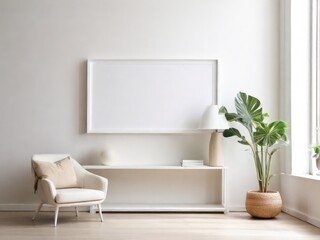 White frame leaning on white shelf in bright interior on empty wall background