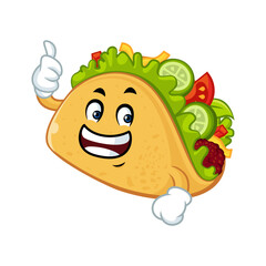 A cartoon taco with a big smile giving a thumbs up.
