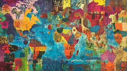 Creative art piece depicting the impact of globalization on local cultures highlighting cultural exchange identity and adaptation through vibrant interconnected designs