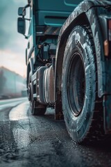 A big rig drives along a rainy highway