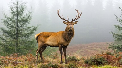 Majestic Red Deer Stag in Foggy Forest
