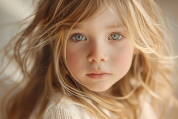 Fototapeta premium A close-up shot of a young girl's face, focusing on her bright blue eyes