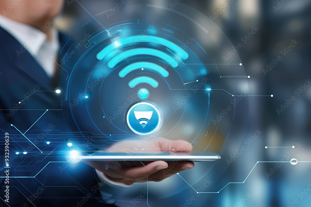 Poster abstract wireless network connectivity featuring wi-fi symbol and advanced communication technology