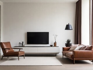 White wall mounted tv on cabinet in living room with leather sofa and minimal design