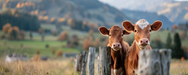 Two curious cows stand behind a fence in a picturesque rural landscape, with rolling hills and...