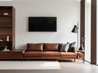 White wall mounted tv on cabinet in living room with leather sofa and minimal design