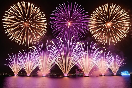 Enchanting Purple and Gold Fireworks Display for New Year�s Celebration with Brightness and Elegance