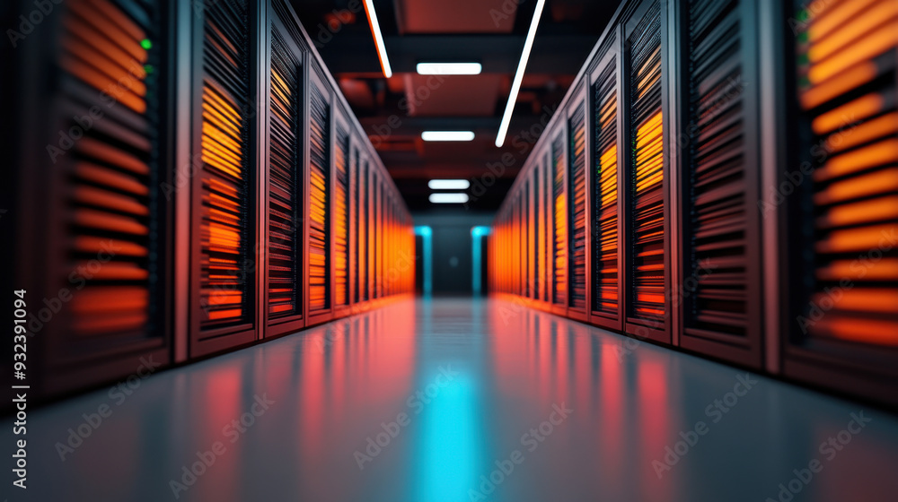 Aufkleber long hallway in a modern data center with glowing servers and futuristic lighting, emphasizing techn