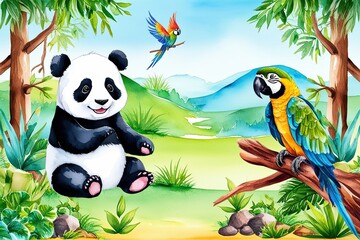 Naklejka premium Whimsical Watercolor Landscape with Baby Panda and Parrot for Toddlers - Playful Illustration for Children's Rooms Decor