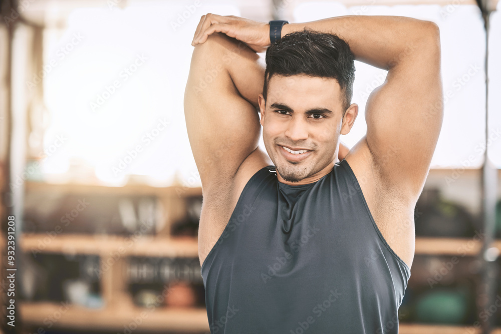 Sticker Fitness, stretching and man in gym with smile, training and happy for workout, routine and morning. Health club, sporty and warm up of shoulder, bodybuilding and exercise of person in weekend