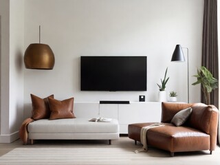 White wall mounted tv on cabinet in living room with leather sofa and minimal design