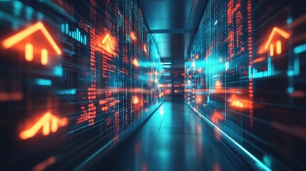 Dynamic upward arrows, digital screens showing growth trends, modern office backdrop