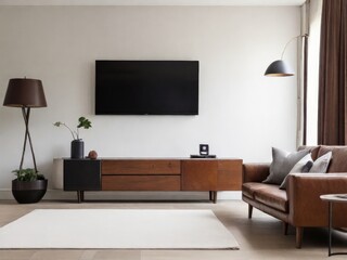 White wall mounted tv on cabinet in living room with leather sofa and minimal design