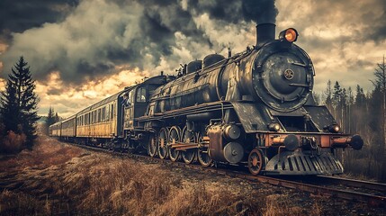 Naklejka premium A vintage steam locomotive pulls a train through a scenic landscape. The train is moving through a forest, with dramatic clouds
