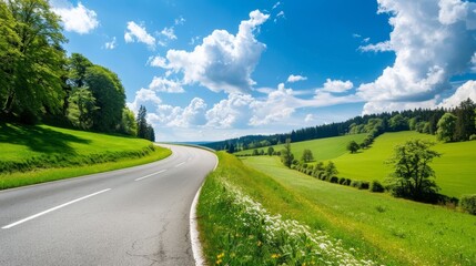 Fototapeta premium Vast Grasslands with a Winding Road, Capturing the Beauty of Nature and the Open Landscape Under a Clear Blue Sky