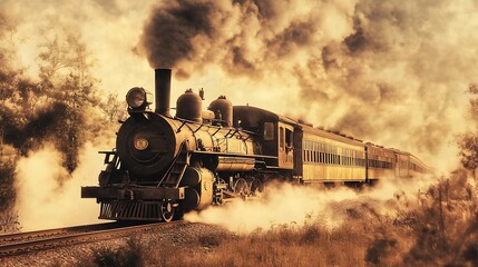 Obraz premium A vintage steam locomotive train chugs along a rural track, billowing smoke and steam against a backdrop of golden skies.