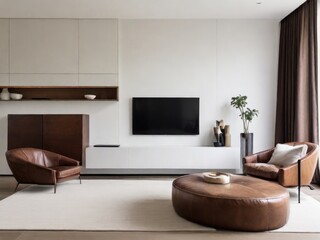 White wall mounted tv on cabinet in living room with leather sofa and minimal design