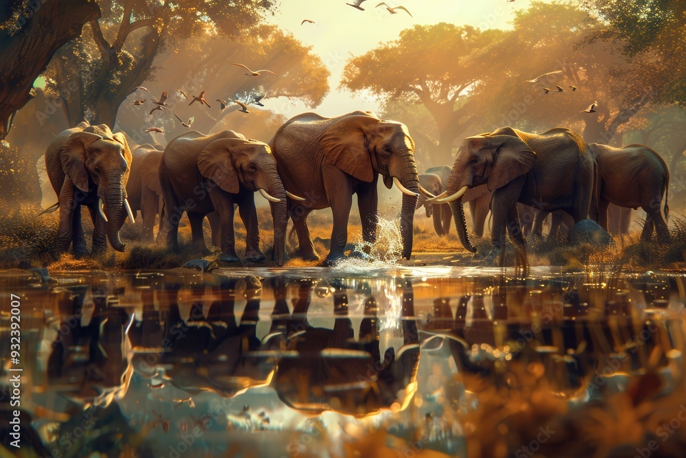 Poster a group of elephants drinks and plays at a waterhole surrounded by trees and birds at sunset in a vi