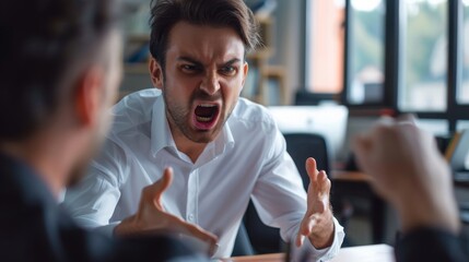 Boss's Rage: Flushed Cheeks and Intense Anger Directed at Employee's Incompetence, Creating Workplace Tension and Highlighting Leadership Strain