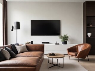 White wall mounted tv on cabinet in living room with leather sofa and minimal design