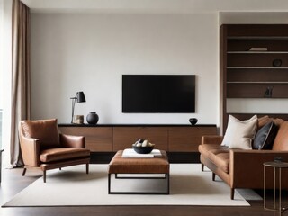 White wall mounted tv on cabinet in living room with leather sofa and minimal design