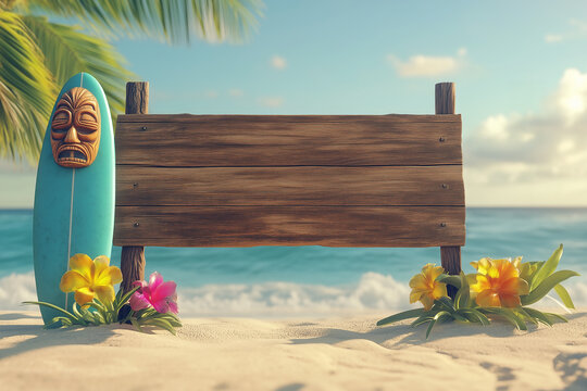 A sign on the beachmade from rustic wood planks; tiki and surf themed blank sign to accept a custom message or design element - a cartoonish model miniature design style