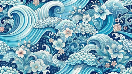 Intricate Asian-inspired water pattern in soft blue and white hues, featuring waves, flowers, and stylized motifs, ideal for backgrounds, wallpapers, and design elements.