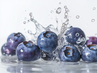 A cluster of fresh blueberries splashing into clear water, showcasing their juicy and ripe texture