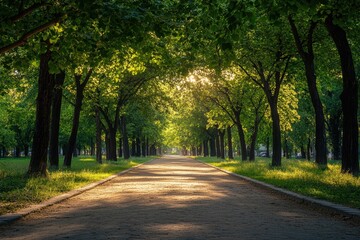 Sunlit path through trees in park. Perfect for nature, travel, or relaxation themes.