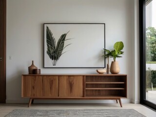 Wooden cabinet and accessories decor in living room interior on empty white wall background