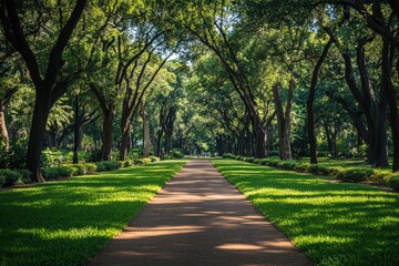 A pathway lined with trees in a park. Perfect for showcasing a peaceful and serene environment.