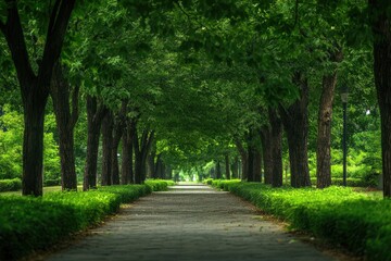Obraz premium A pathway lined with trees in a lush park. This image is perfect for projects about nature, peace, and tranquility.