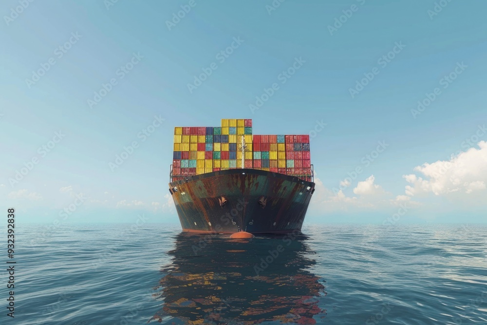Poster large container ship sailing through calm waters